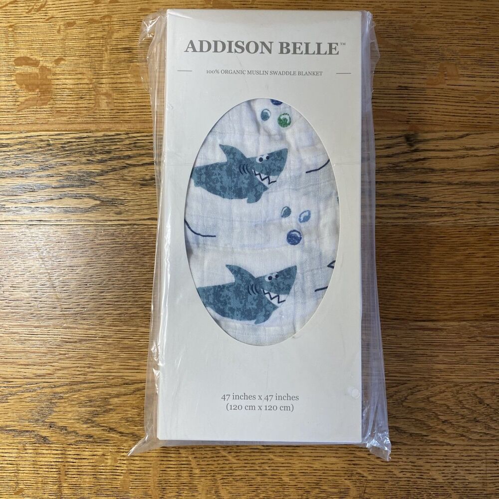 Addison Belle 100% Organic Muslin Swaddle Blanket Blue Shark Print 47"x47" New